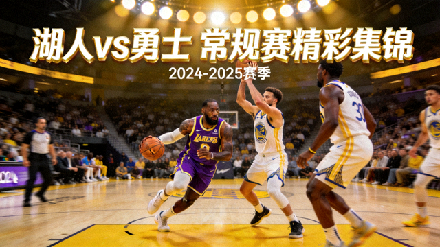 NBA常规赛湖人对阵勇士的精彩集锦回放封面，篮球场灯光聚焦场景